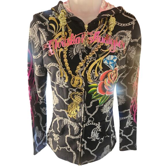 Original Christian Audigier Hoodie "Full of Grace" Gold Hardware Lined Sz XS - Picture 3 of 11